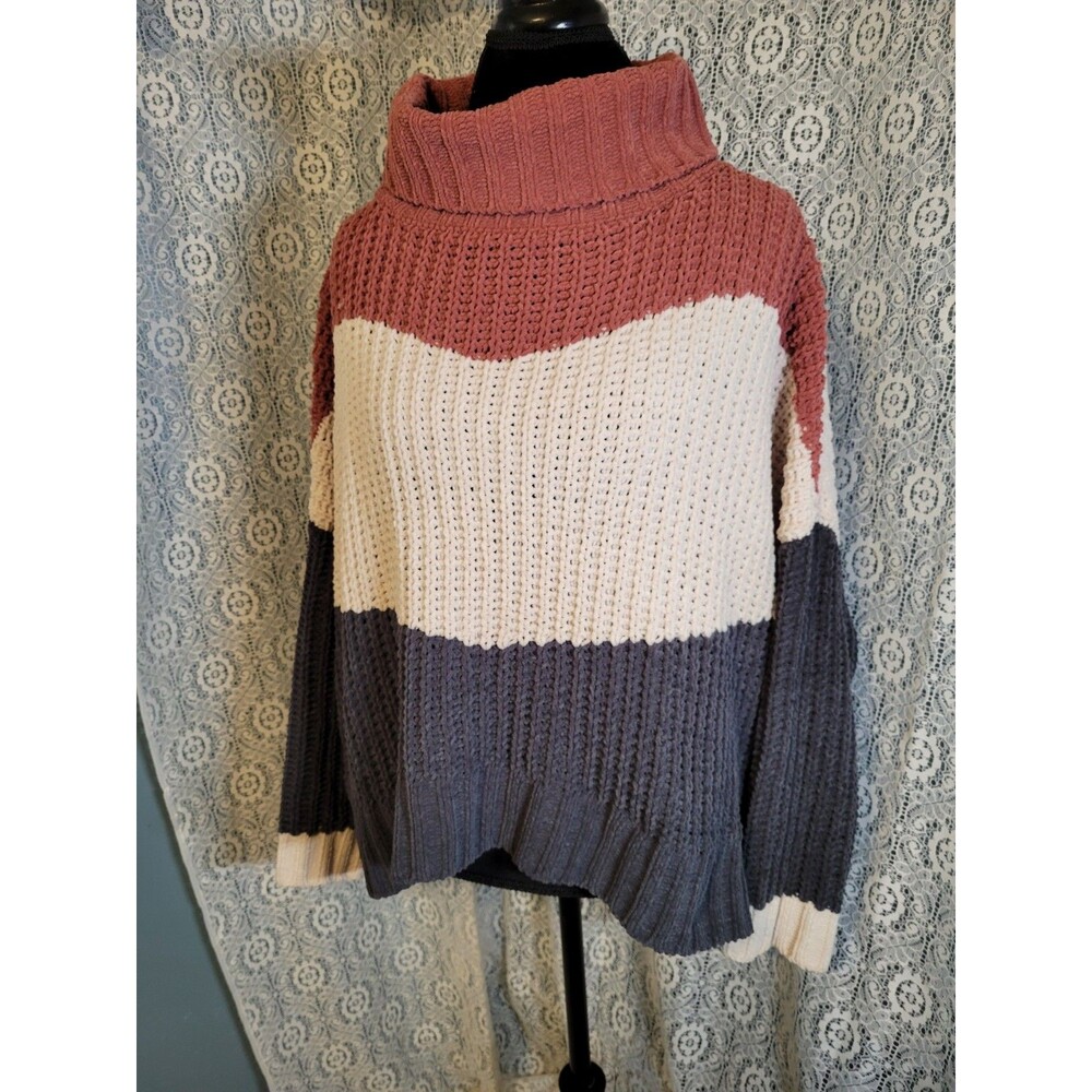 POL Clothing Oversized Colorblock Chenille Chunky Knit Turtleneck Sweater Small